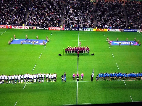 Singing the national anthems of Fiji and Uruguay in front to over 30,000 at Stadium MK